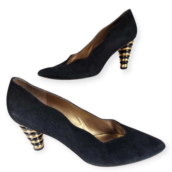 Vtg 80s Stuart Weitzman Black Suede Bubble Stacked Heels size 8AA (narrow) - Picture 10 of 11